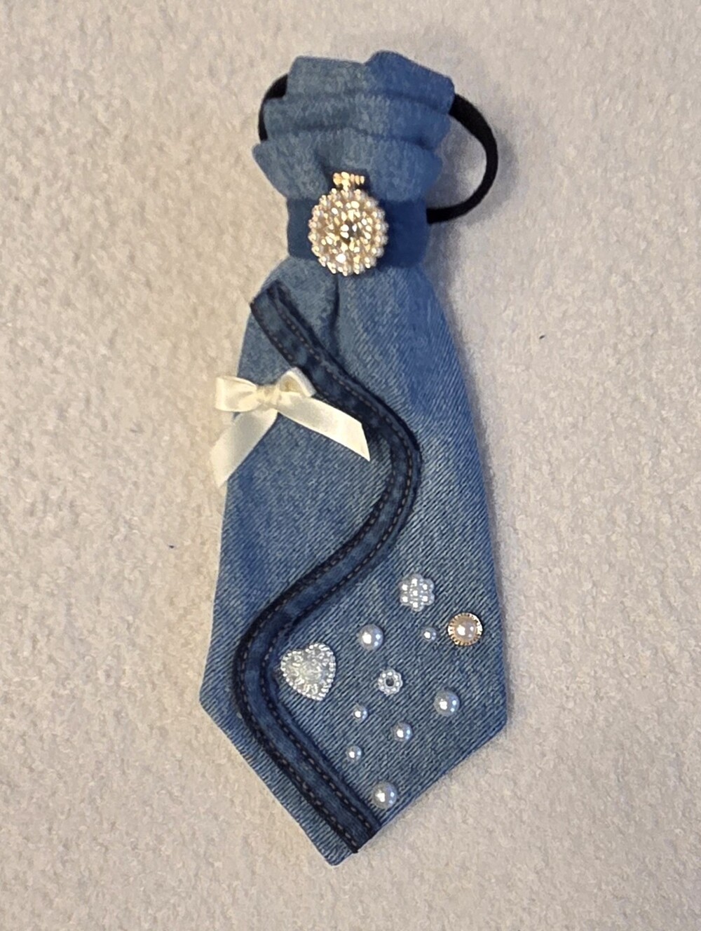 Denim Decorative neck tie with pearl stones